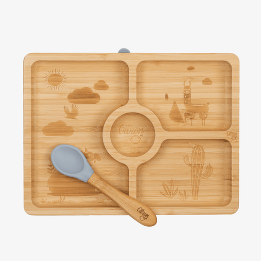 Small Bamboo Plate & spoon - Square + with suction