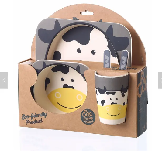 5 Piece Kids Eco-Friendly Bamboo Fibre Meal Set - Cow