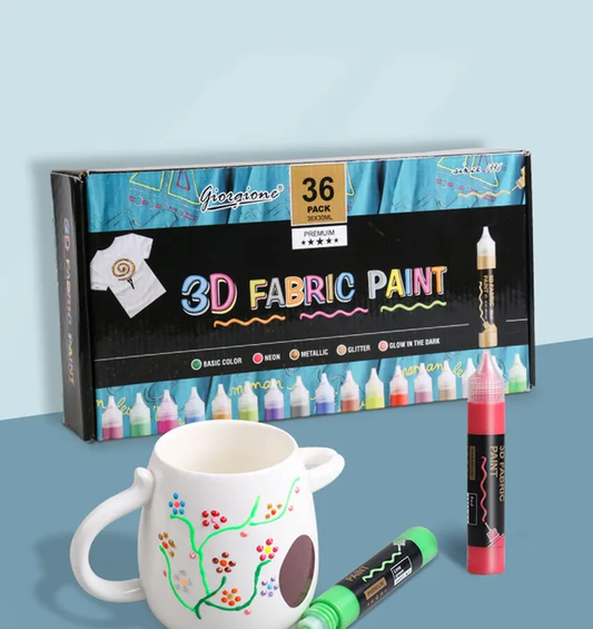 3D Fabric Paint Color Set of 24 Colors with 3 Pcs Nylon Brush Paint for Clothing, Accessories, Glow in The Dark & Vibrant Colour Shades, Textile Ceramic & Glass