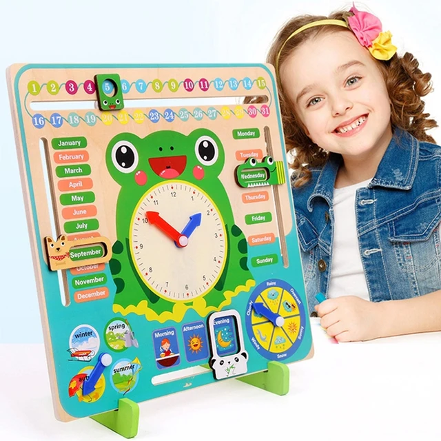 Wooden Learning Calendar Clock Toys Kids Multifunctional 3 in 1 Shapes Recognition Time Learning Cute Animal Shaped Wooden Clock for Kids with Moveable Hands