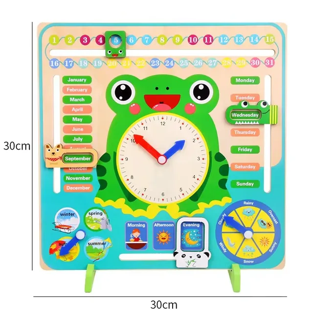 Wooden Learning Calendar Clock Toys Kids Multifunctional 3 in 1 Shapes Recognition Time Learning Cute Animal Shaped Wooden Clock for Kids with Moveable Hands