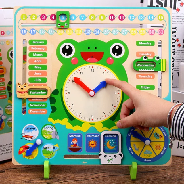 Wooden Learning Calendar Clock Toys Kids Multifunctional 3 in 1 Shapes Recognition Time Learning Cute Animal Shaped Wooden Clock for Kids with Moveable Hands