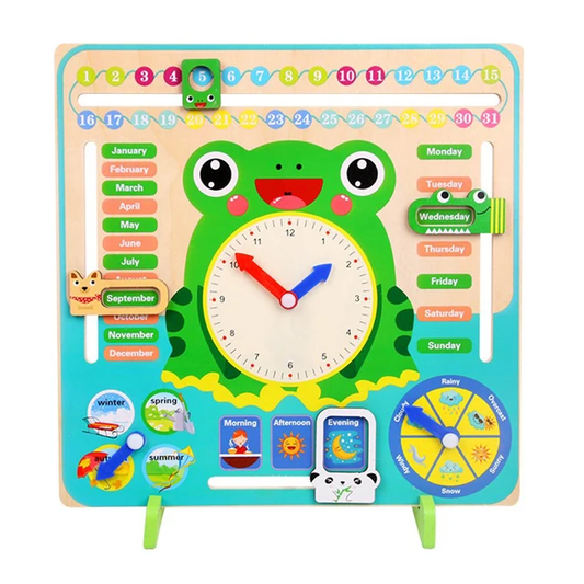 Wooden Learning Calendar Clock Toys Kids Multifunctional 3 in 1 Shapes Recognition Time Learning Cute Animal Shaped Wooden Clock for Kids with Moveable Hands