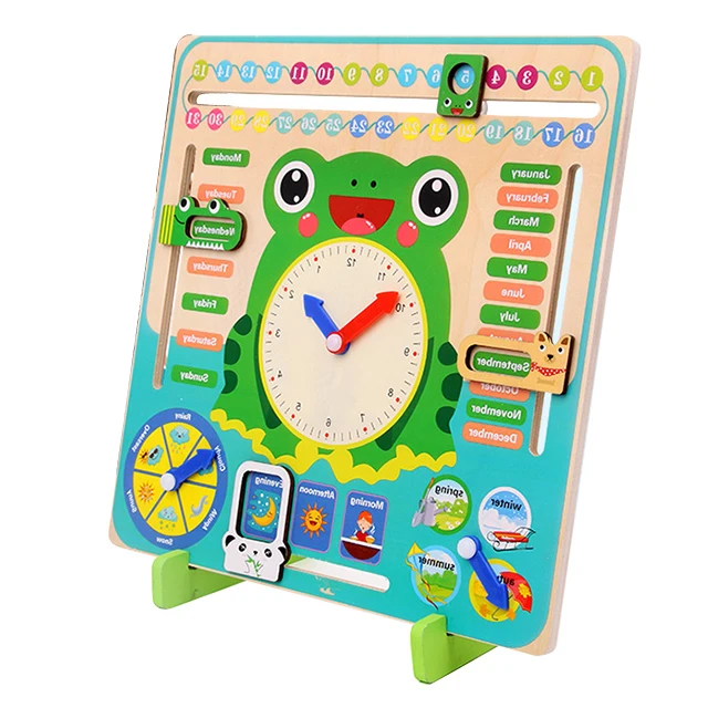 Wooden Learning Calendar Clock Toys Kids Multifunctional 3 in 1 Shapes Recognition Time Learning Cute Animal Shaped Wooden Clock for Kids with Moveable Hands