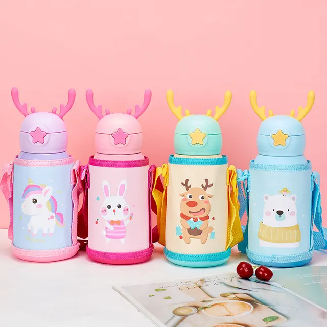 PORTABLE CUTE CARTOON THERMOS WITH STRAW & CUP HOLDER