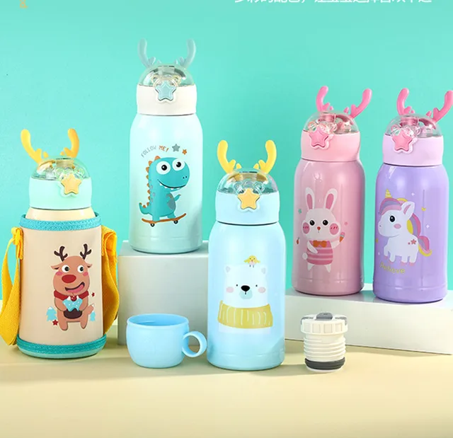 PORTABLE CUTE CARTOON THERMOS WITH STRAW & CUP HOLDER