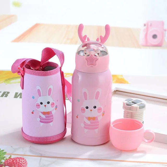 PORTABLE CUTE CARTOON THERMOS WITH STRAW & CUP HOLDER