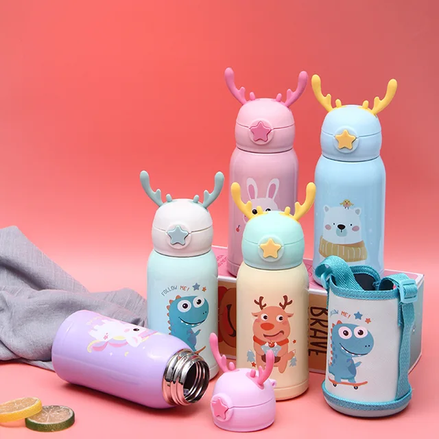 PORTABLE CUTE CARTOON THERMOS WITH STRAW & CUP HOLDER