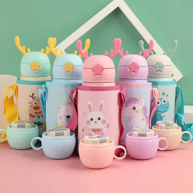 PORTABLE CUTE CARTOON THERMOS WITH STRAW & CUP HOLDER