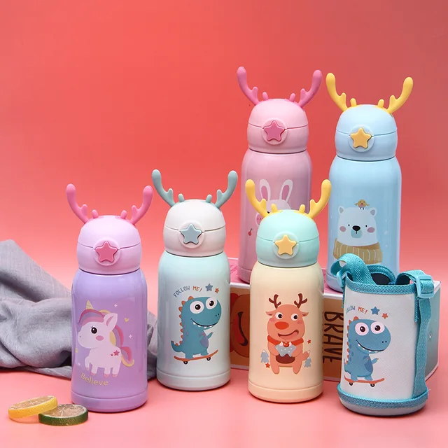 PORTABLE CUTE CARTOON THERMOS WITH STRAW & CUP HOLDER