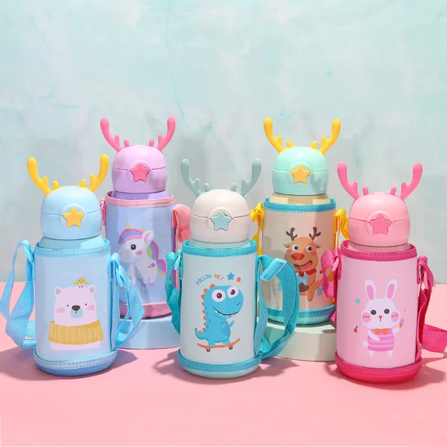 PORTABLE CUTE CARTOON THERMOS WITH STRAW & CUP HOLDER