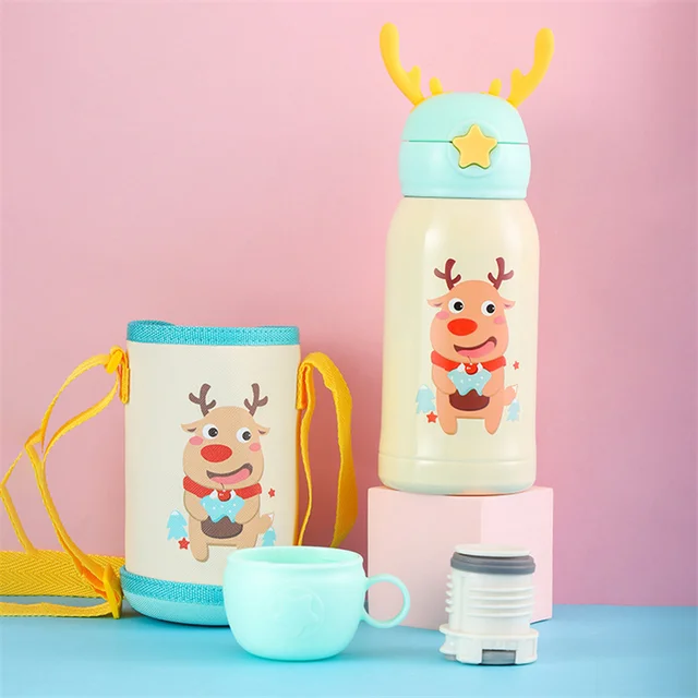 PORTABLE CUTE CARTOON THERMOS WITH STRAW & CUP HOLDER