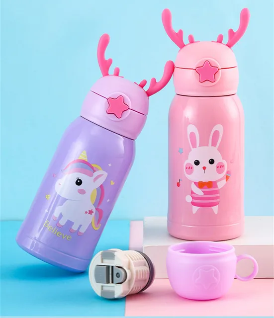 PORTABLE CUTE CARTOON THERMOS WITH STRAW & CUP HOLDER