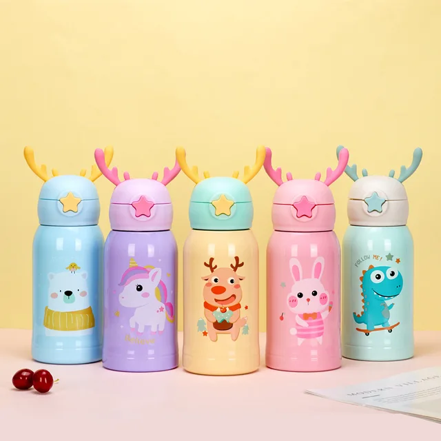 PORTABLE CUTE CARTOON THERMOS WITH STRAW & CUP HOLDER