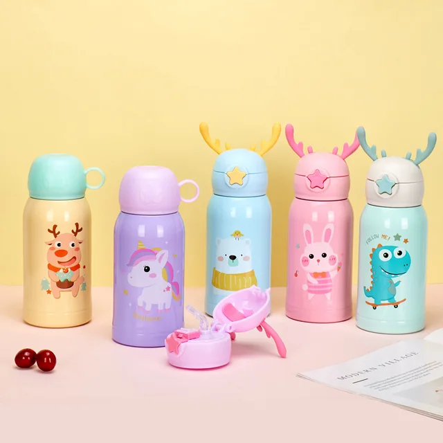 PORTABLE CUTE CARTOON THERMOS WITH STRAW & CUP HOLDER