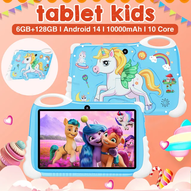 Multi-Functional Kids Tablet - 7" HD Display, 128GB Storage, Dual Cameras, 4G/WiFi, Parental Lock, Preloaded Learning Games, Fall-Resistant Cover (Unicorn)