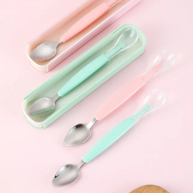 Double Head Baby Spoon Silicone Soft Baby Fruit Scraping Mud Spoon Feeding Spoons Training Scrapping Fruits Children Babies