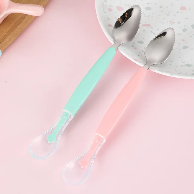 Double Head Baby Spoon Silicone Soft Baby Fruit Scraping Mud Spoon Feeding Spoons Training Scrapping Fruits Children Babies