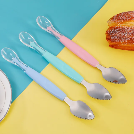 Double Head Baby Spoon Silicone Soft Baby Fruit Scraping Mud Spoon Feeding Spoons Training Scrapping Fruits Children Babies