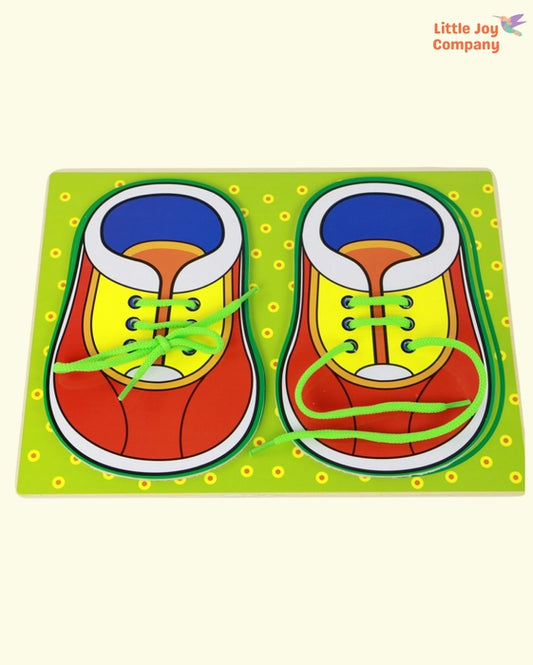 Wooden educational toy for learning how to tie shoelaces