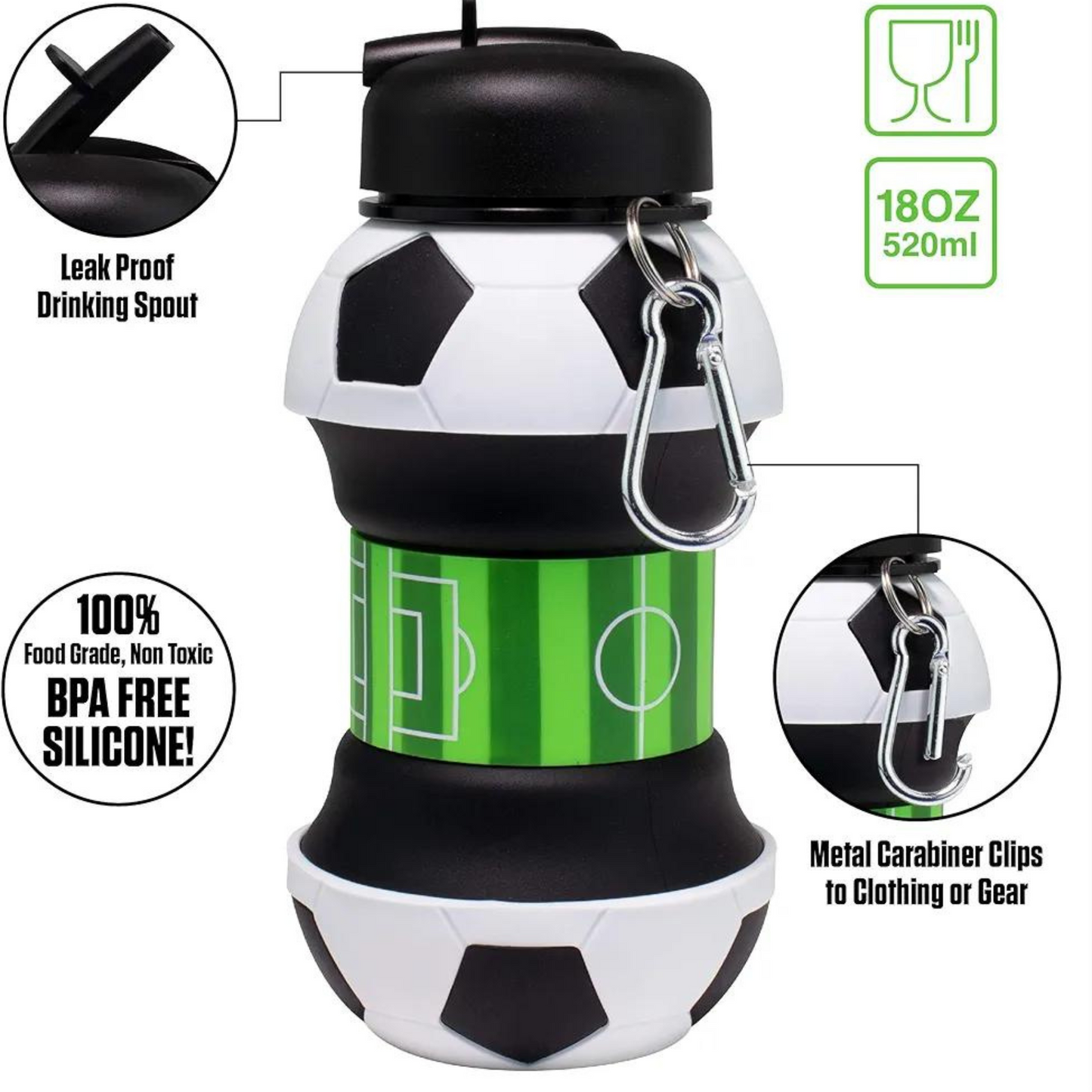 Football Collapsible BPA Free Silicone  Bottles - 550 ML