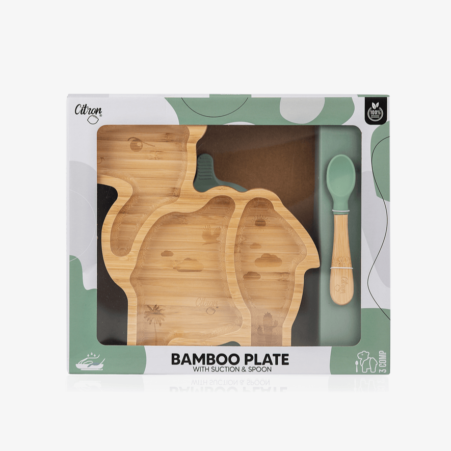 Small Premium Bamboo Plate & Spoon - Camel + with suction