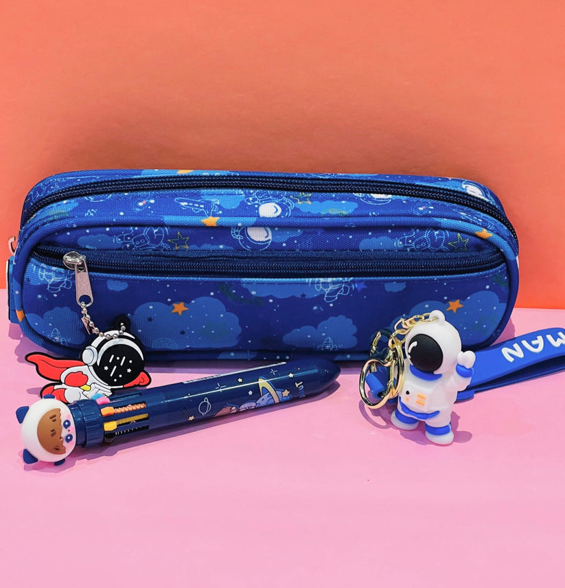 Cute Space Pencil Pouch with Pen and Keychain - Gift Pack