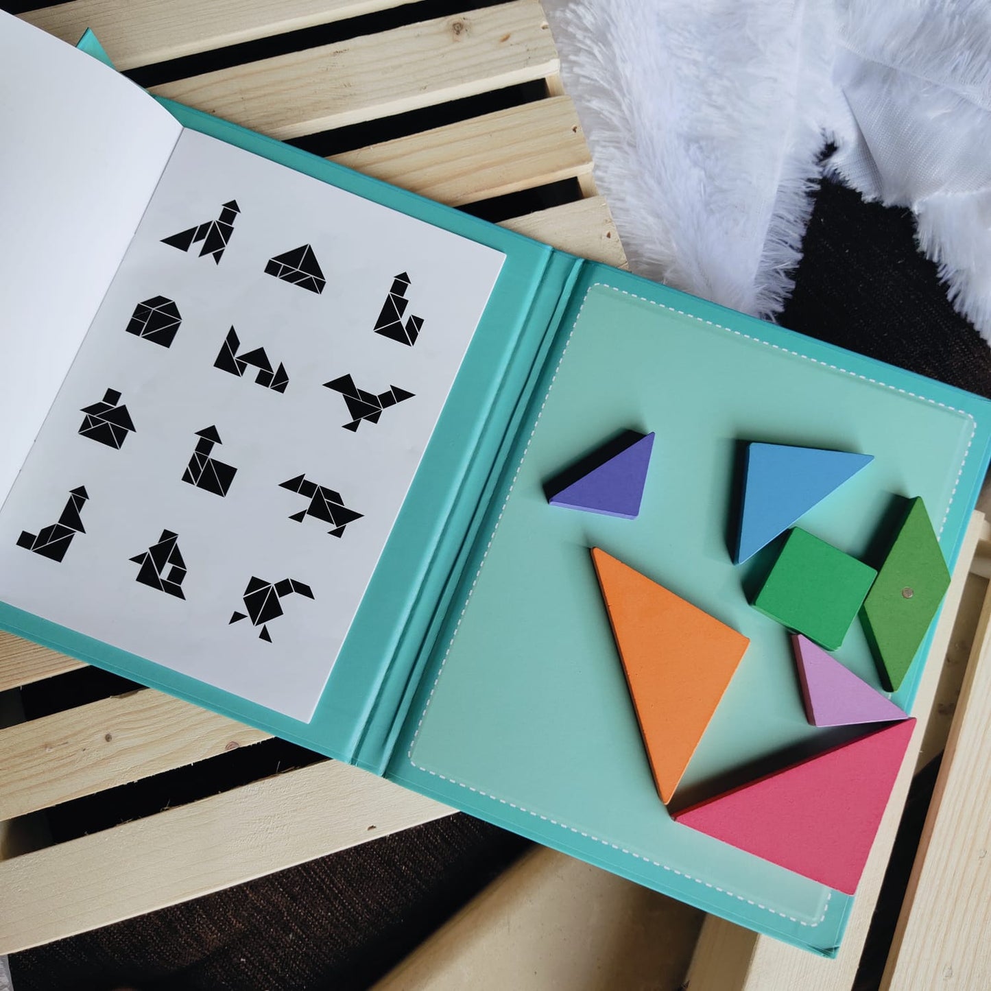 Tangram Travel Game Magnetic Puzzle Book Game Tangrams Jigsaw Shapes Dissection with Solution Questions Traveler Challenge IQ Educational Toy