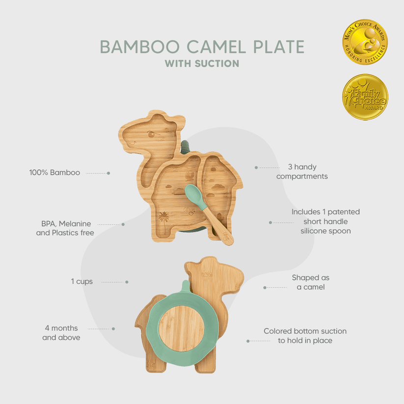 Small Premium Bamboo Plate & Spoon - Camel + with suction